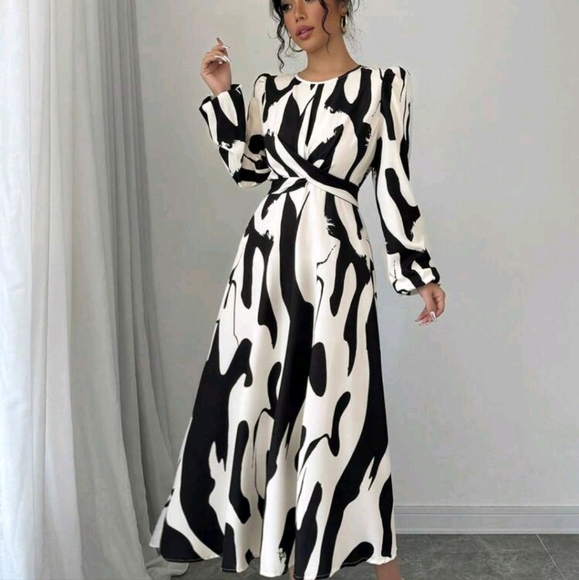 Dresses & Skirts - Asymmetrical Print, Bow Tie, Elastic Sleeve Elegant Vacation Casual Dress For Wo
